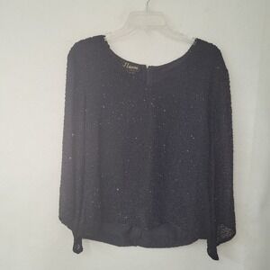 J Laxmi Beaded Blouse Womens L Black V-Neck‎ Designer Evening Formal